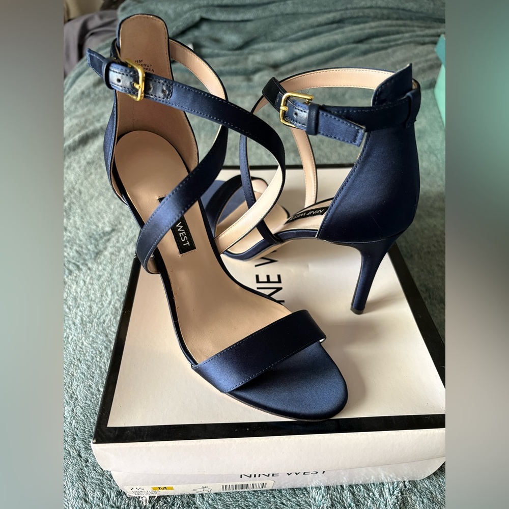 Nine West Debut Navy Satin Strappy Heels